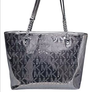 Large silver mirror logo Michael Kors bucket bag